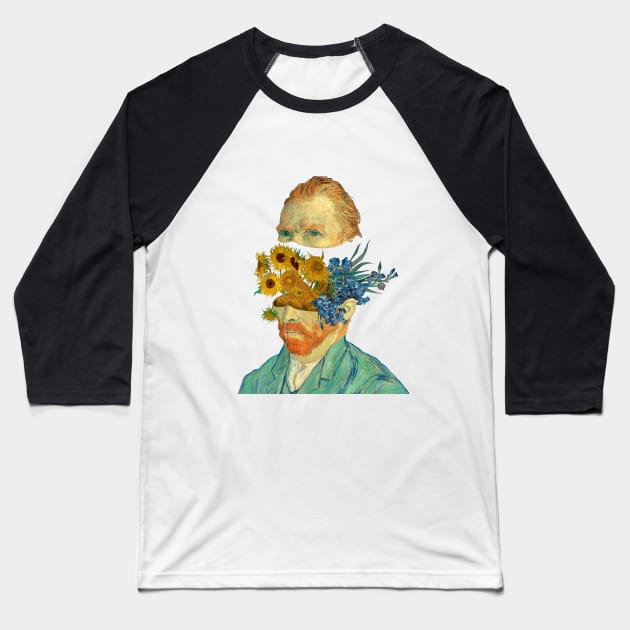 Surreal Van Gogh head with Sunflowers and Irises Baseball T-Shirt by ArtOfSilentium